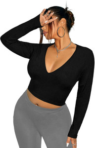 THE BLAZZE Casual Solid, Striped Women Black Top
