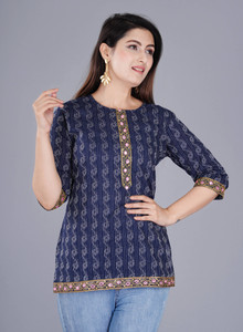 AK FUSION Casual Printed Women Dark Blue, White Top