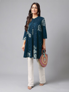 Janasya Casual Floral Print Women Blue Top