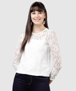 Tokyo Talkies Casual Regular Sleeve Self Design Women White Top