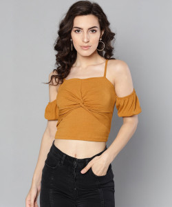 VENI VIDI VICI Casual Cold Shoulder Solid Women Brown, Yellow Top