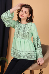 Taranjal Casual Printed Women Light Green, Black Top