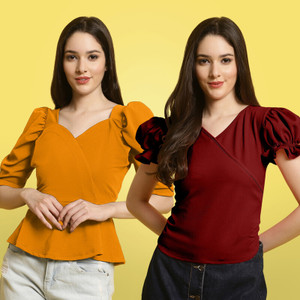 METRONAUT Casual Self Design Women Yellow, Maroon Top