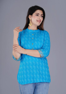 AK FUSION Casual Printed Women Light Blue Top