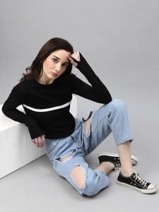RIGO Casual Striped Women Black Top