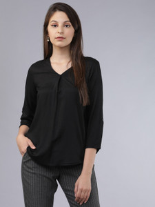 Tokyo Talkies Casual 3/4 Sleeve Solid Women Black Top