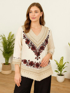 afg Casual Embroidered Women Beige Top