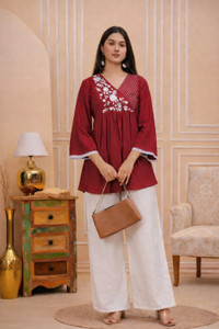 WEWOMA Casual Self Design Women Maroon Top