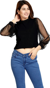ROARERS Casual 3/4 Sleeve Solid Women Black Top