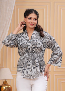 Threadflix Casual Floral Print Women Grey Top