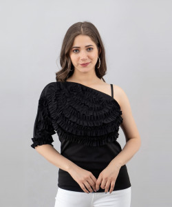 Surhi Casual Half Sleeve Solid Women Black Top