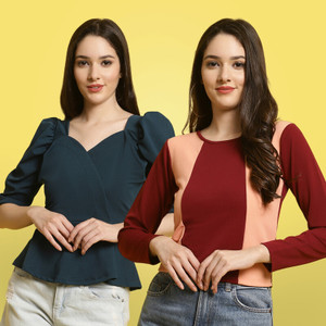 METRONAUT Casual Solid, Color Block Women Dark Blue, Maroon, Orange Top
