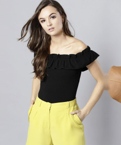 VENI VIDI VICI Casual Flared Sleeve Solid Women Black Top