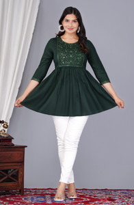 P PRIYA FASHION Casual Embellished, Embroidered Women Dark Green Top