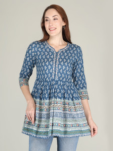 Aj Art Party Printed Women Light Blue Top