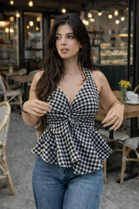 METRONAUT Casual Checkered Women Black Top