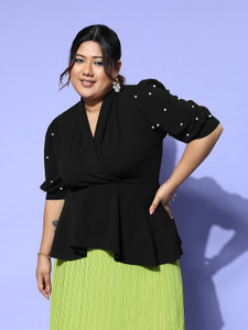 CURVE BY KASSUALLY Casual Solid Women Black Top