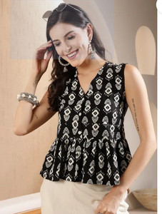 On2line Casual Printed Women Black Top