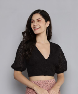 SASSAFRAS Casual Self Design Women Black Top
