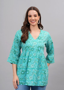 Baba Kurti Casual Printed Women Green, Light Blue, White Top