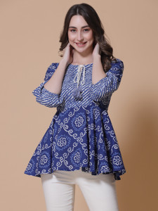 God Bless Casual Printed Women Blue Top