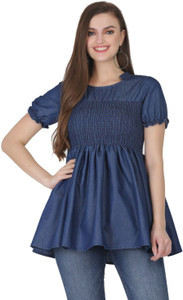 SAAKAA Formal Half Sleeve Solid Women Blue Top