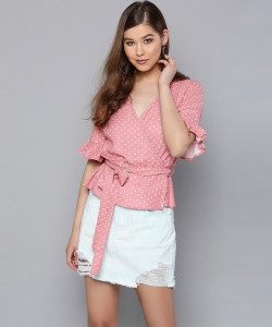 HARPA Casual Bell Sleeve Polka Print Women White, Pink Top
