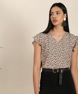 her by invictus Casual Short Sleeve Printed Women Beige Top
