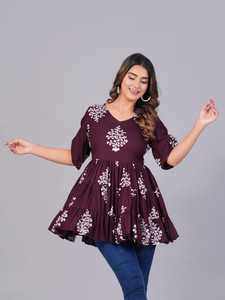 SMIEN Casual Printed, Ethnic Motifs Women Purple, White Top