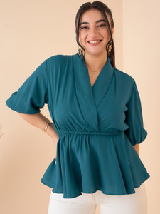 CURVE BY KASSUALLY Casual Solid Women Dark Blue Top