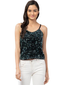 Fabitto Party Sleeveless Embellished Women Blue Top