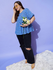 Berrylush Curve Casual Printed Women Blue Top
