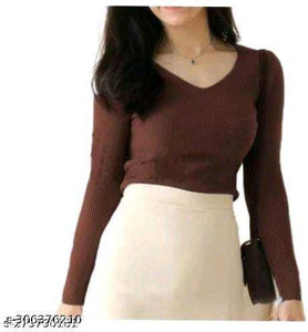 glitsy Casual Solid Women Brown Top