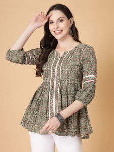 God Bless Casual Floral Print Women Green Top