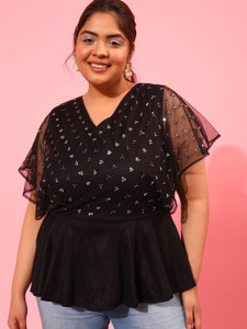 CURVY STREET Casual Embroidered Women Black Top