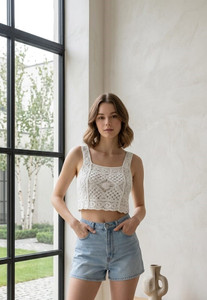 krati by tara Casual Self Design Women White Top