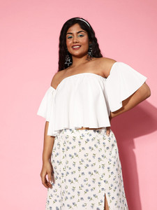 Berrylush Curve Casual Solid Women White Top