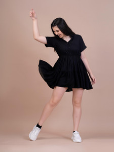 QLTURE Women Layered Black Above Knee/Mid Thigh Length Dress