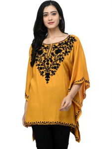 SAAKAA Casual 3/4 Sleeve Embroidered Women Yellow Top
