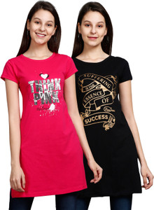Fleximaa Casual Short Sleeve Printed Women Pink, Black Top