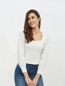HARPA Casual 3/4 Sleeve Solid Women White Top