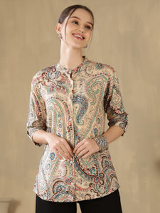 FebQ Casual Printed Women Beige Top