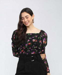 Tokyo Talkies Casual Self Design Women Black Top