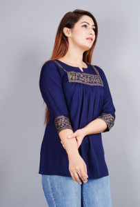 Angarkha Casual Embroidered Women Blue Top