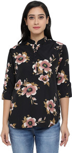 indietoga Casual 3/4 Sleeve Printed Women Black Top