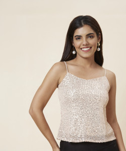 Globus Party Solid Women Beige Top