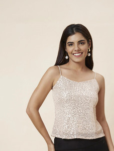 Globus Party Solid Women Beige Top