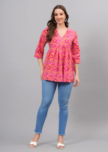 Baba Kurti Casual Printed Women Pink, Yellow, Red Top