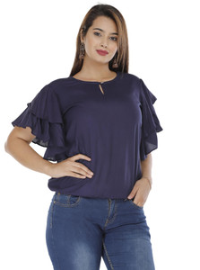 Hand Block Print Casual Solid Women Dark Blue Top