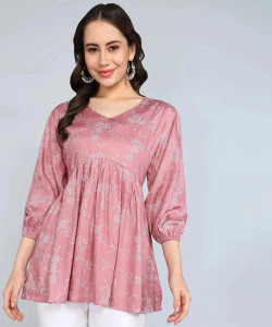 Tviksha Fashion Casual Printed Women Pink, White Top